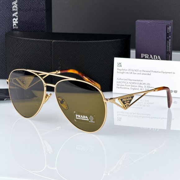 Prada PR73ZS 5AK01T Sunglasses Shiny Gold Dark Brown Pilot Unisex PR 73ZS - Picture 1 of 8
